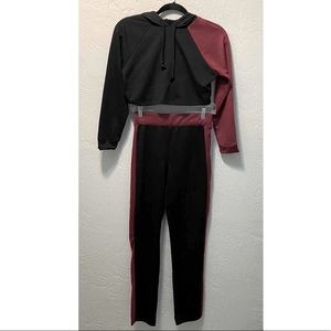 Fashion Nova cotton black & burgundy color block crop top hoodie and pant set